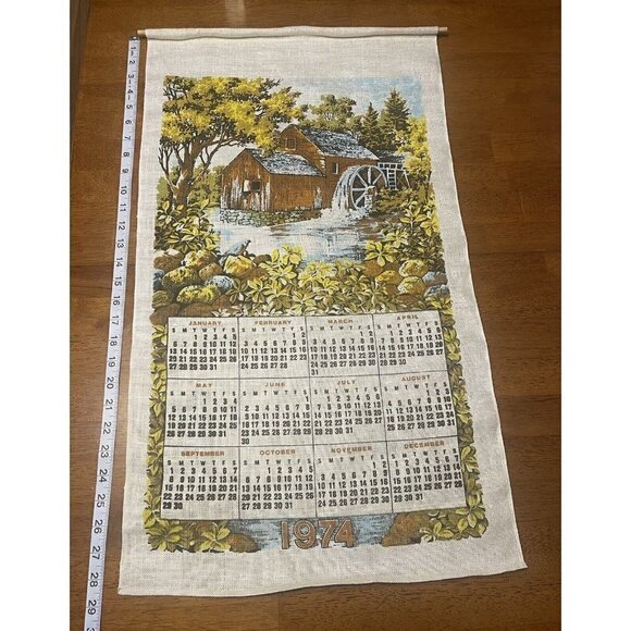 Vintage 1974 Old Country Mill Linen Wall Calendar Kitchen Tea Towel Art 29x17” - Picture 7 of 8